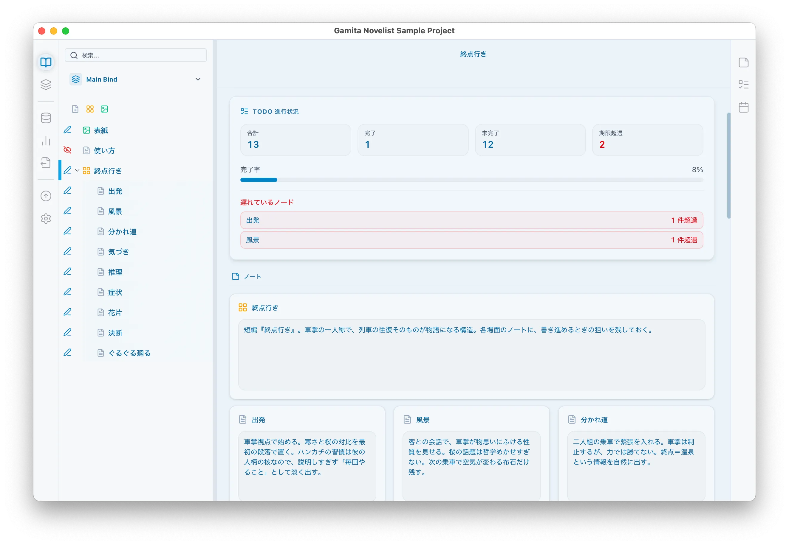 章立てのノートと TODO 進行状況を表示している画面